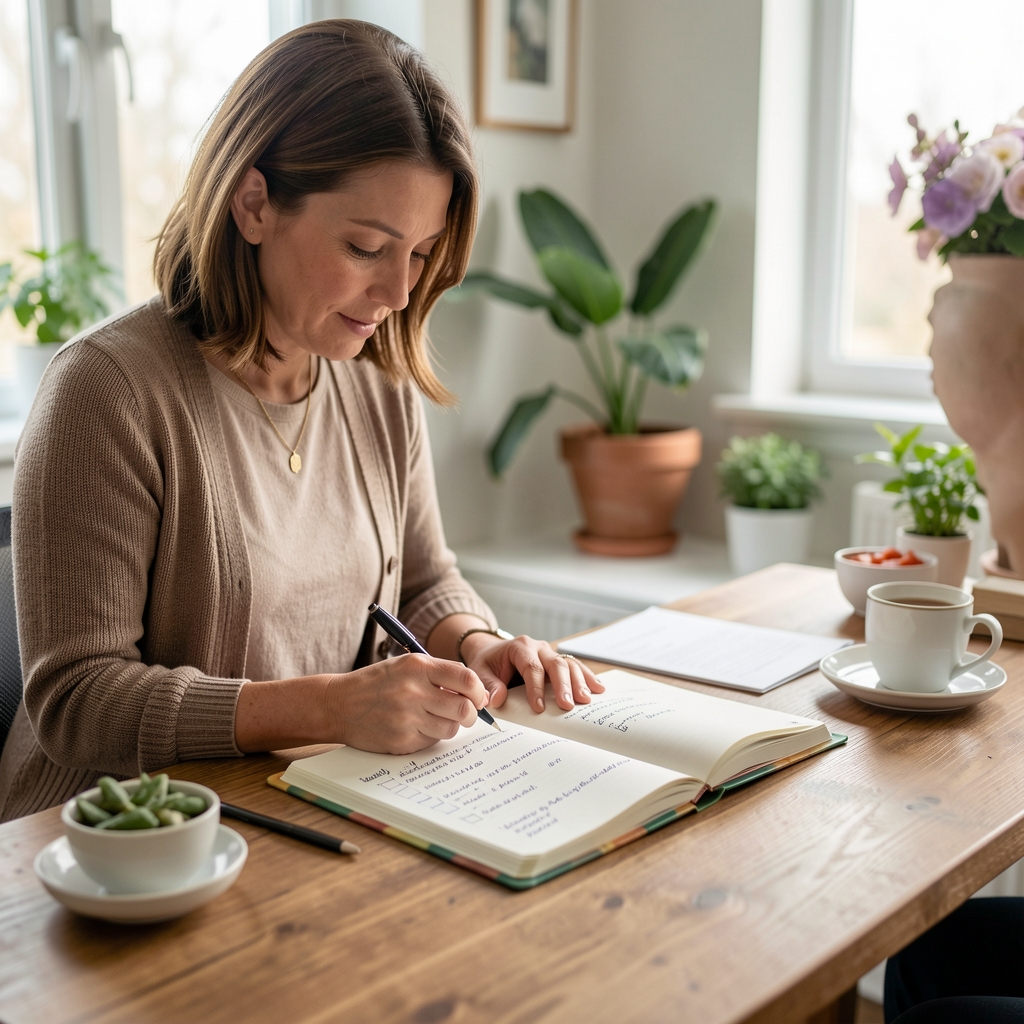 Nutritionist reviewing a handwritten weekly meal planning journal on a wooden desk in a well-lit workspace