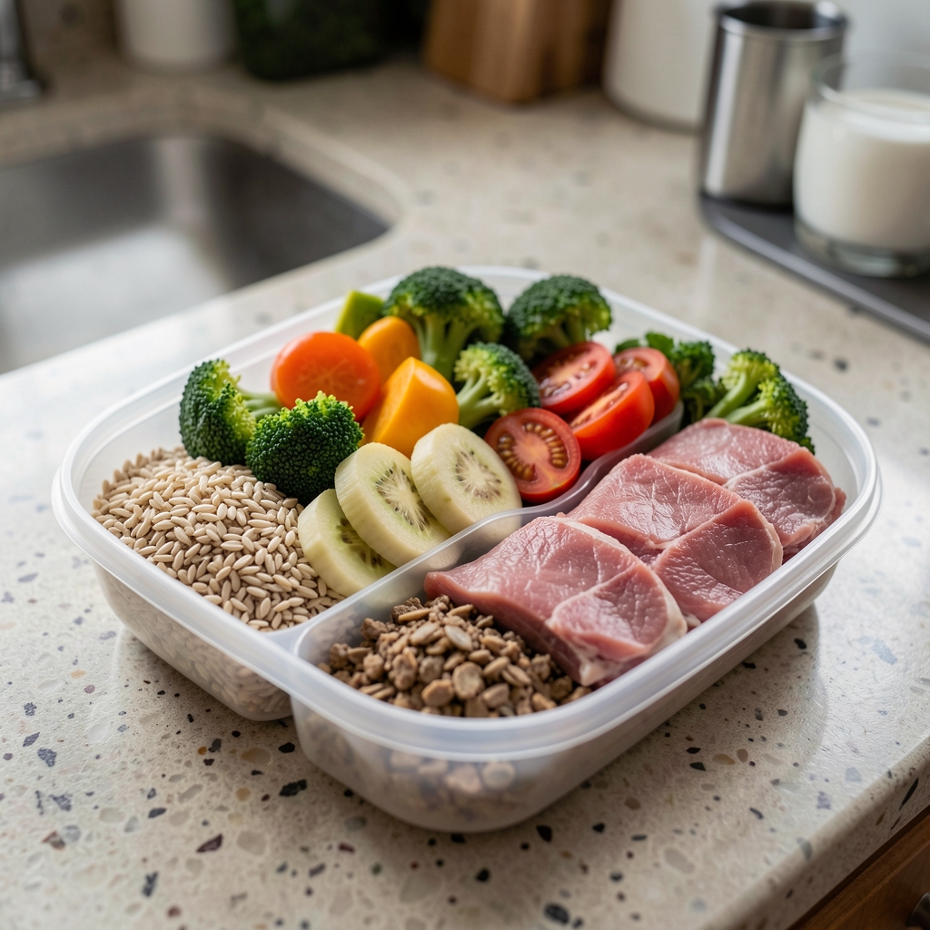 Close-up of a balanced meal prep container with fresh vegetables, grains and lean protein on a kitchen counter